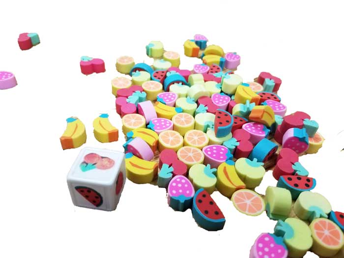 Mini fruit erasers with fruit dice